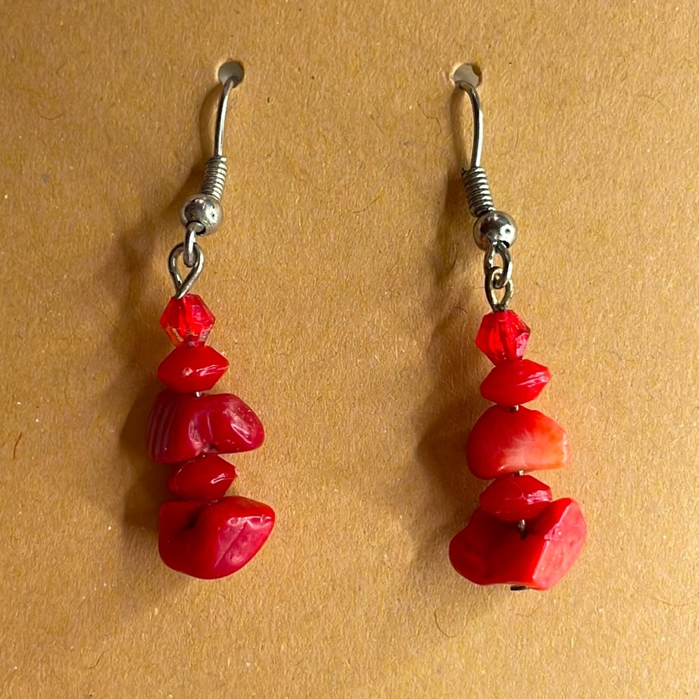 Vintage Red Bead and coral Dangle Earrings with stainless hoop
